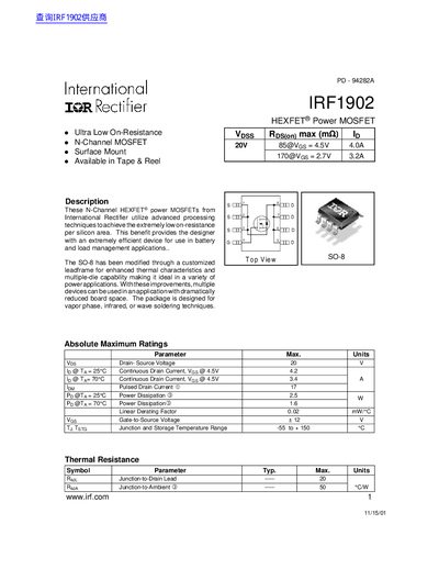 International Rectifier IRF1902 HEXFET Power MOSFET Datasheet - cover page