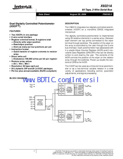 Intersil X9221A Dual Digitally Controlled Potentiometer Data Sheet - cover page