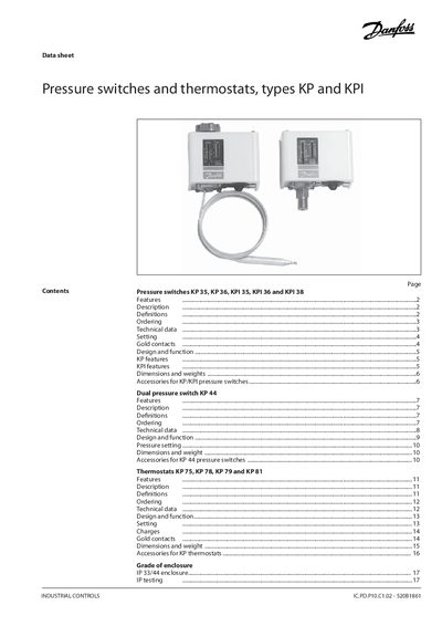 Danfoss KP and KPI Pressure Switches and Thermostats Data Sheet - cover page