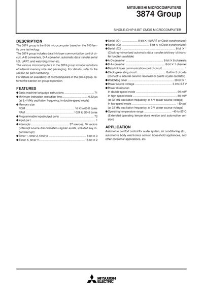 Mitsubishi 3874 Group Single-Chip Microcomputer Datasheet