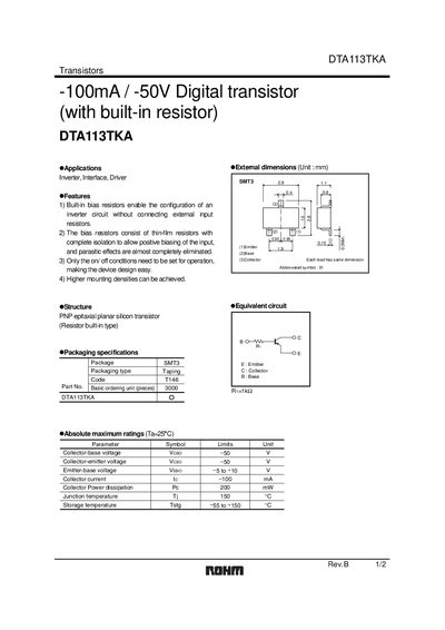 ROHM DTA113TKA Transistor Datasheet - cover page