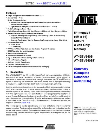 Atmel AT49BV640ST Datasheet Summary - cover page