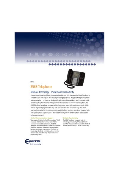 Mitel 8568 Telephone Datasheet - cover page