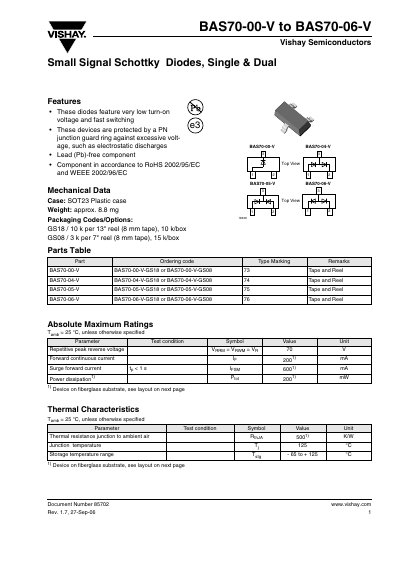 Vishay BAS70-00-V to BAS70-06-V Small Signal Schottky Diodes Handbook - cover page