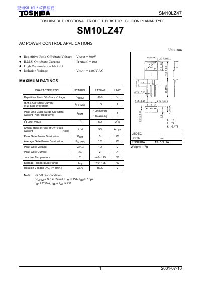 Toshiba SM10LZ47 Bi-Directional Triode Thyristor Datasheet - cover page