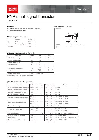 ROHM BCX71H PNP Small Signal Transistor Data Sheet - cover page