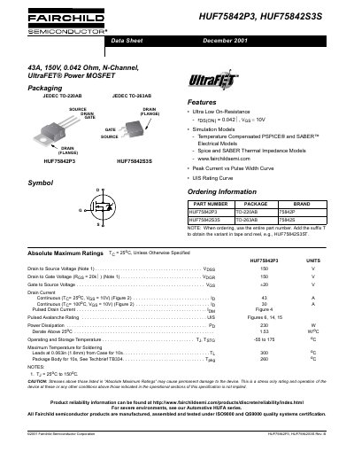 Fairchild HUF75842P3/HUF75842S3S Power MOSFET Data Sheet - cover page