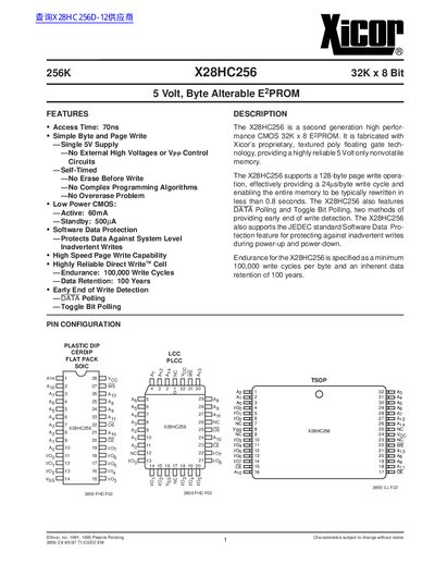 Xicor X28HC256 32K x 8 Bit EEPROM Datasheet - cover page