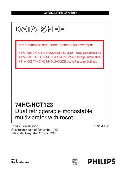 Philips 74HC/HCT123 Dual Retriggerable Monostable Multivibrator with Reset Datasheet - cover page