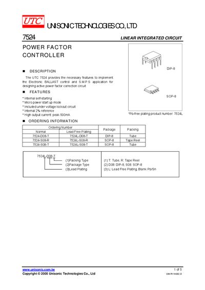 Unisonic Technologies 7524 Linear Integrated Circuit Datasheet - cover page