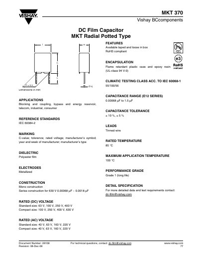 Vishay MKT 370 DC Film Capacitor Datasheet - cover page