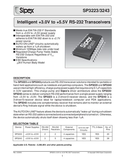 Sipex SP3223/3243 RS-232 Transceivers Datasheet - cover page