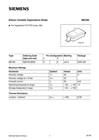 Siemens BB 640 Silicon Variable Capacitance Diode Datasheet