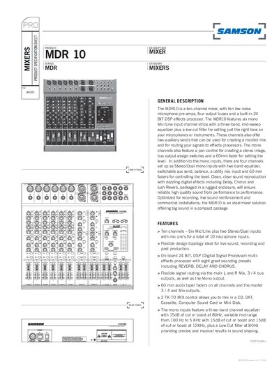Samson MDR10 Mixer Product Specification Sheet - cover page