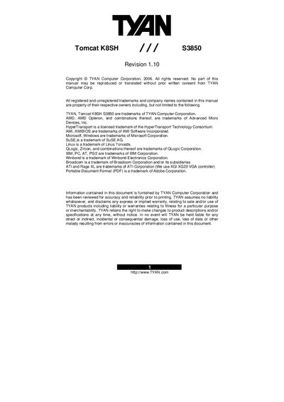 TYAN Tomcat K8SH S3850 Revision 1.1 Manual