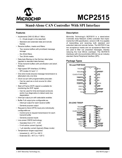 Microchip MCP2515 Stand-Alone CAN Controller with SPI Interface Datasheet - cover page