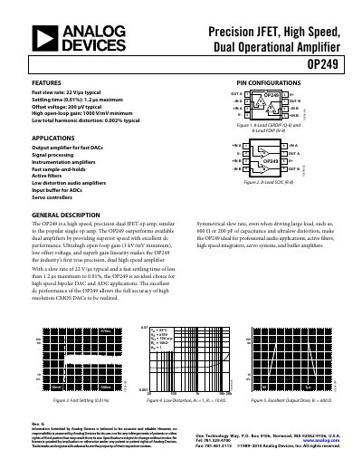 Analog Devices OP249 Dual JFET Operational Amplifier Datasheet - cover page