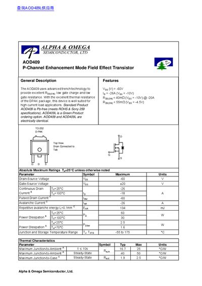 Alpha & Omega Semiconductor AOD409 P-Channel Enhancement Mode Field Effect Transistor Datasheet - cover page