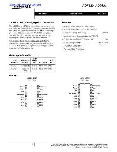 Intersil AD7520 AD7521 Datasheet - cover page