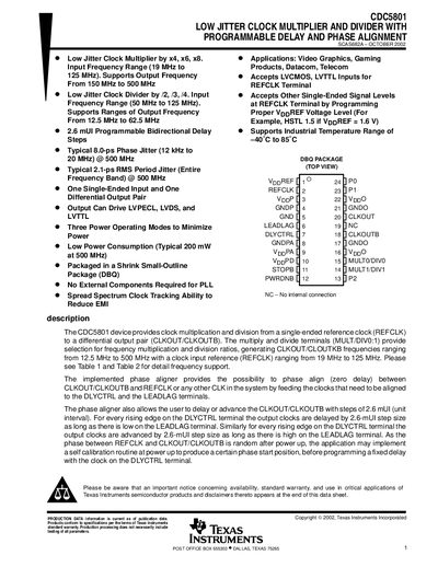 Texas Instruments CDC5801 Low Jitter Clock Multiplier and Divider Datasheet - cover page