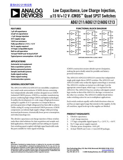 Analog Devices ADG1211/ADG1212/ADG1213 Low Capacitance Low Charge Injection Quad SPST Switches Datasheet