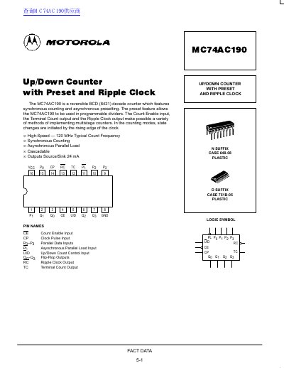 Motorola MC74AC190 Up/Down Counter Datasheet - cover page