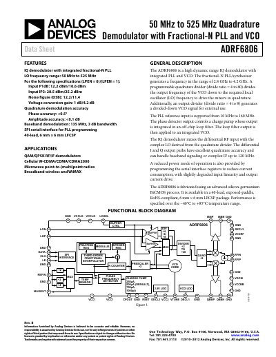 Analog Devices ADRF6806 IQ Demodulator Datasheet - cover page