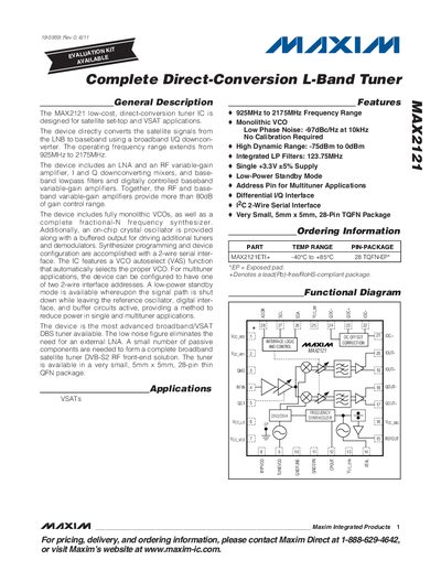 Maxim MAX2121 Complete Direct‑Conversion L‑Band Tuner Datasheet - cover page