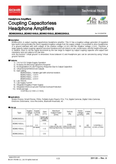 ROHM BD88200GUL/BD88210GUL/BD88215GUL/BD88220GUL Headphone Amplifier Technical Note - cover page