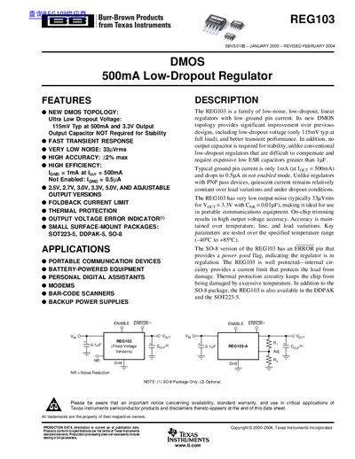 Texas Instruments REG103 Low-Dropout Regulator Datasheet - cover page
