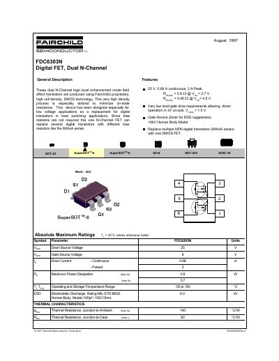 Fairchild FDC6303N Digital FET Datasheet - cover page