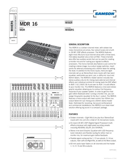 Samson MDR16 Mixer Product Specification Sheet - cover page