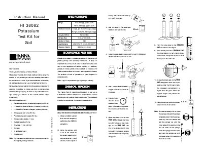 Hanna Instruments HI 38082 Potassium Test Kit Instruction Manual - cover page