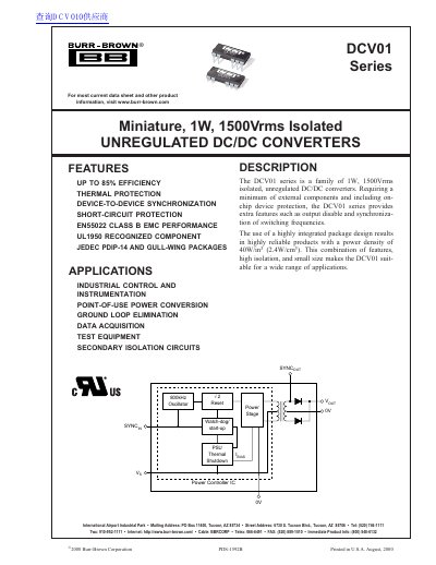 BB DCV01 series Miniature 1W 1500Vrms Isolated UNREGULATED DC/DC CONVERTERS handbook(2) - cover page