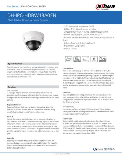 Dahua DH-IPC-HDBW13A0EN IR Mini-Dome Network Camera Datasheet - cover page