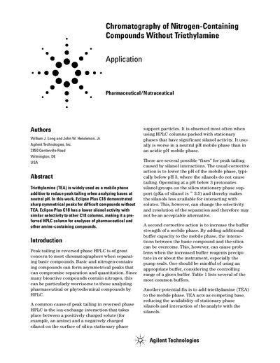 Agilent Eclipse Plus C18 Chromatography of Nitrogen-Containing Compounds Application Note - cover page
