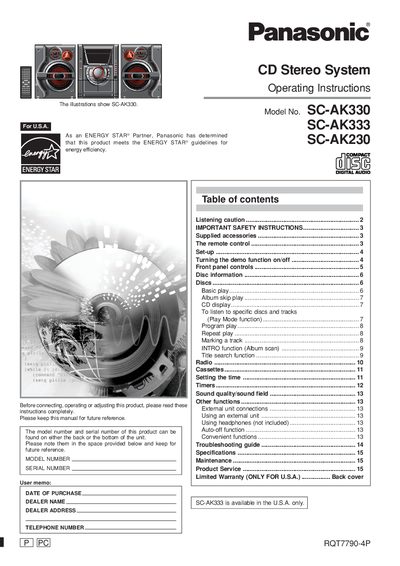 panasonic CD Stereo System Operating Instructions Model No. SC-AK330 SC-AK333 SC-AK230 - cover page