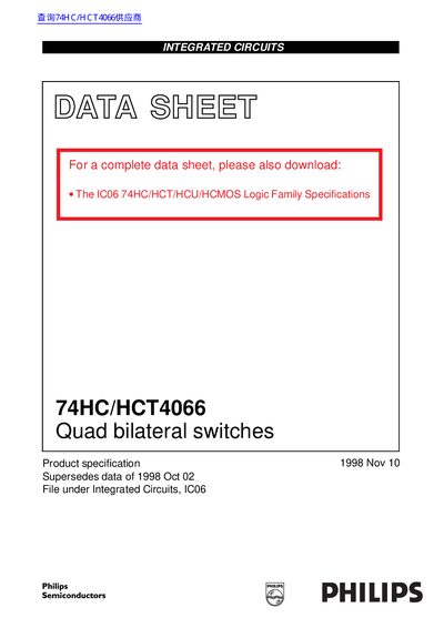 Philips 74HC/HCT4066 Quad Bilateral Switches Datasheet