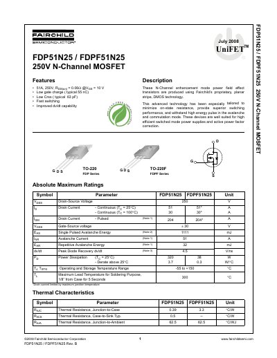 Fairchild FDP51N25/FDPF51N25 N-Channel MOSFET Datasheet - cover page