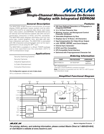 Maxim MAX7456 Single-Channel Monochrome On‑Screen Display Datasheet