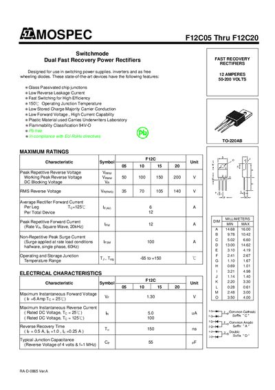 MOSPEC F12C05‑F12C20 Switchmode Dual Fast Recovery Power Rectifiers Datasheet - cover page