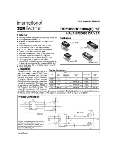 International Rectifier IRS2108/IRS21084 Half-Bridge Driver Datasheet - cover page