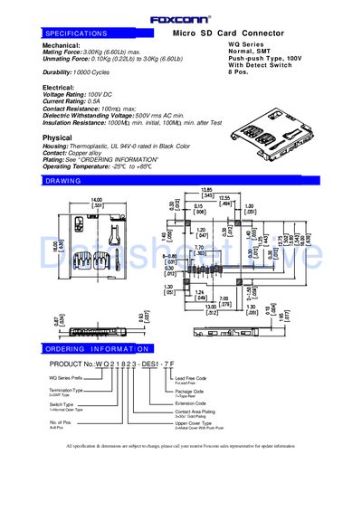 Foxconn WQ Series Micro SD Card Connector Datasheet - cover page