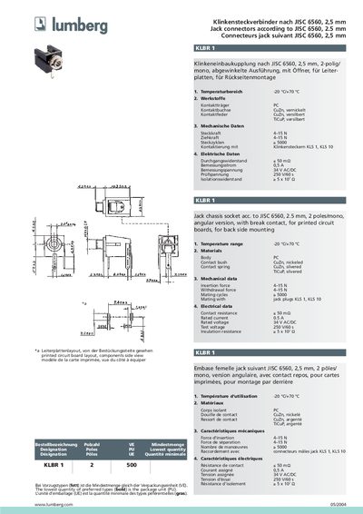 LUMBERG Klinkensteckverbinder nach JISC 6560 2 5 mm Jack connectors according to JISC 6560 2.5 mm Connecteurs jack suivant JISC 6560 2 5 mm - cover page