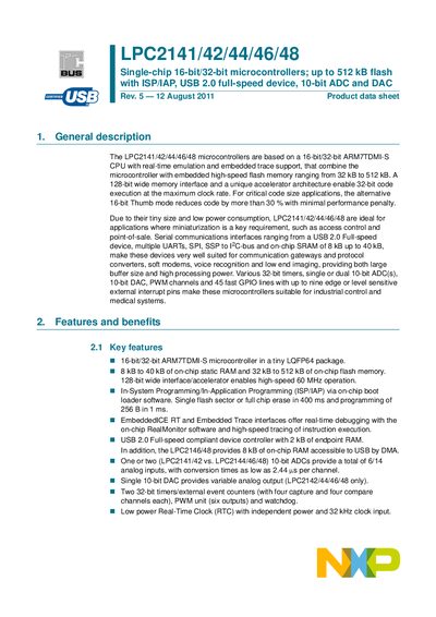 NXP LPC2141/42/44/46/48 Single-chip 16-bit/32-bit microcontrollers; up to 512 kB flash with ISP/IAP USB 2.0 full-speed device 10-bit ADC DAC Manual - cover page
