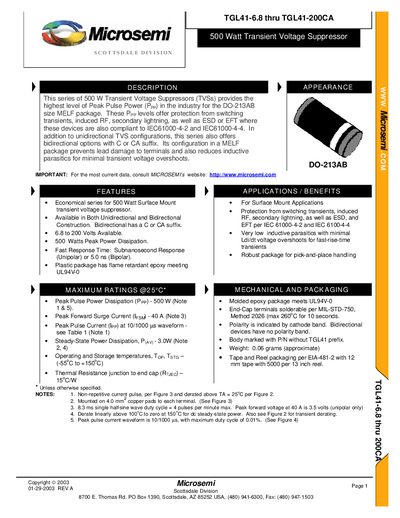 Microsemi TGL41-608 thru TGL41-200CA Data Sheet(1) - cover page