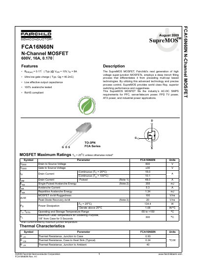 Fairchild Semiconductor FCA16N60N N-Channel MOSFET Datasheet - cover page
