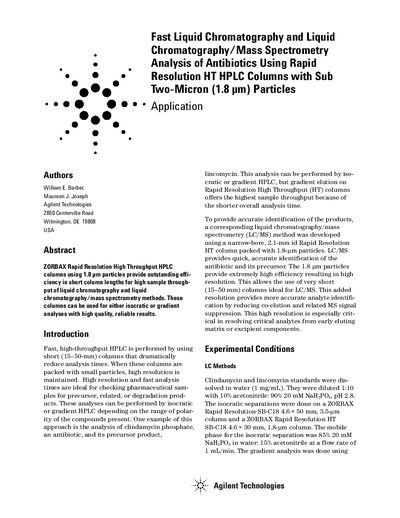 Agilent ZORBAX Rapid Resolution HT HPLC Columns Application Note - cover page