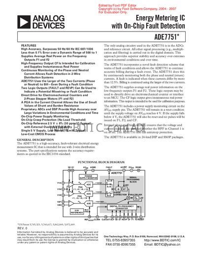 Analog Devices ADE7751 Energy Metering IC Datasheet - cover page
