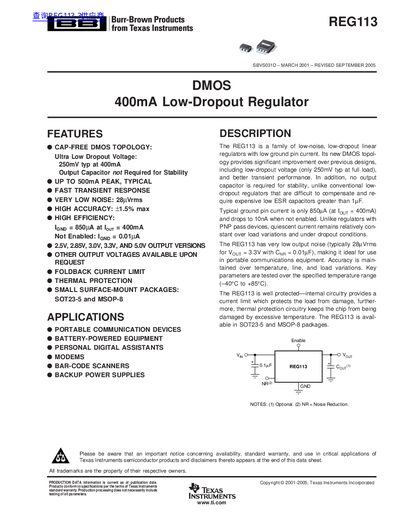 Texas Instruments REG113 Low‑Dropout Regulator Datasheet - cover page